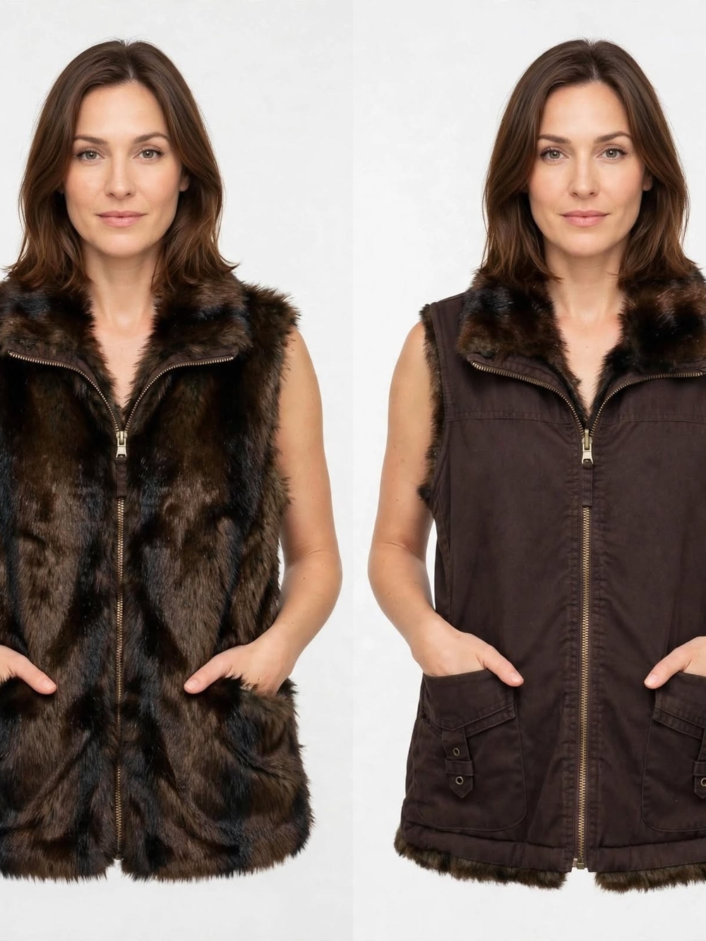 Old Navy Reversible Vest M Brown - Faux Fur / Cotton Canvas 2-in-1 Y2K
